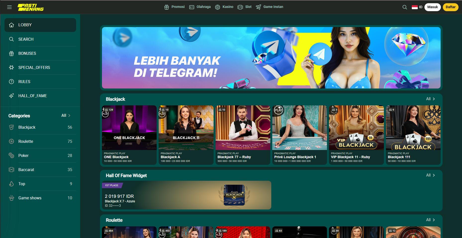 Halaman live casino PastiMenang dengan dealer langsung dan permainan meja populer