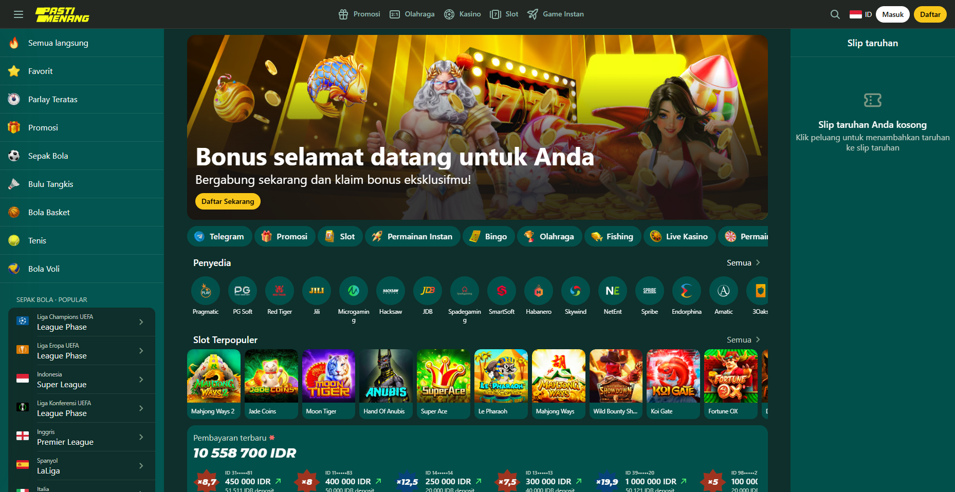 Beranda situs resmi PastiMenang Indonesia dengan menu sportsbook dan kasino