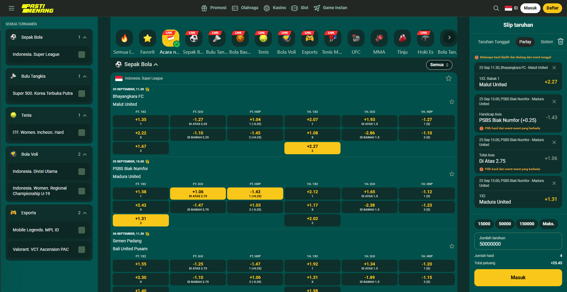 Halaman taruhan langsung PastiMenang dengan pasar odds real-time