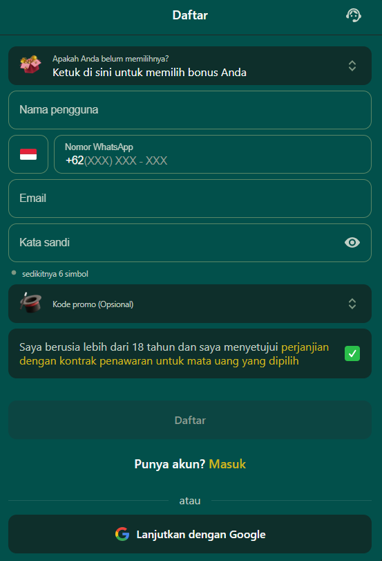 Formulir registrasi pengguna baru di PastiMenang Indonesia